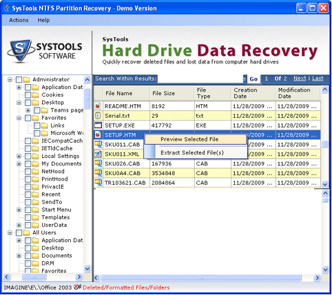 Click to view Recover Windows NTFS Files 3.3 screenshot